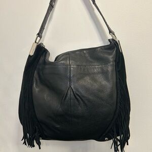 Black Leather Fringe Shoulder Bag Large Purse